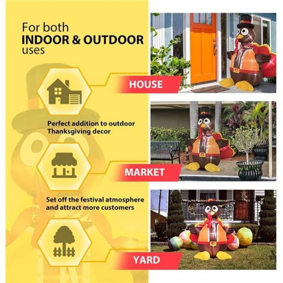 5ft Height Thanksgiving Inflatable LED Lighted Turkey with Hat Blow up - Picture 4 of 7